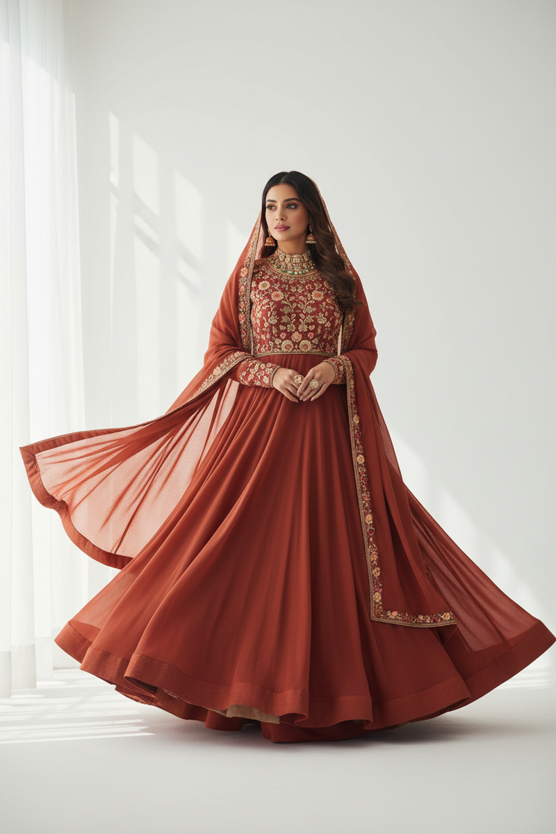 Rewild Bloom Anarkali Suit in rust with floral embroidery