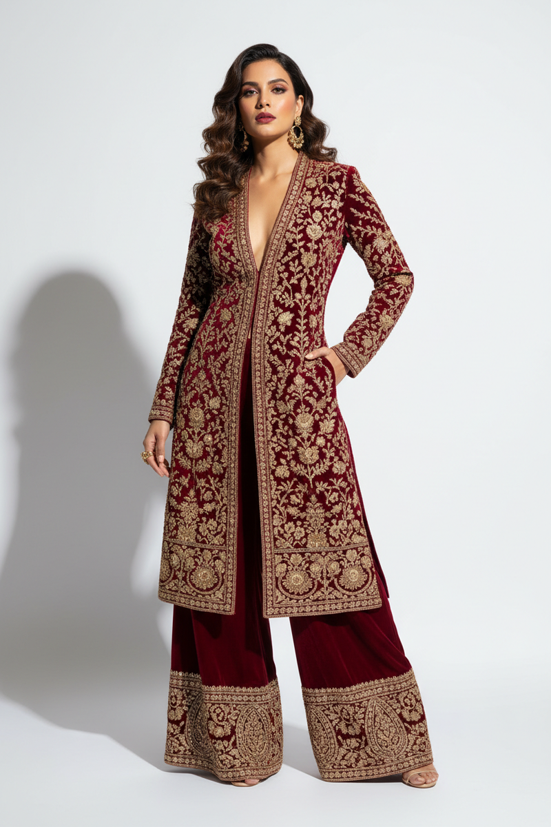 Velvet Royale Embroidered Suit Set in wine red with gold embroidery