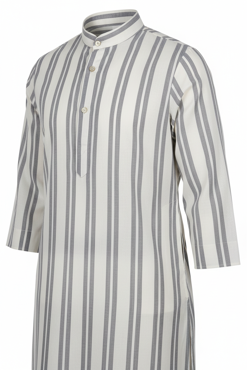 Grey Stripe Mandarin Collar Kurta Set fabric detail