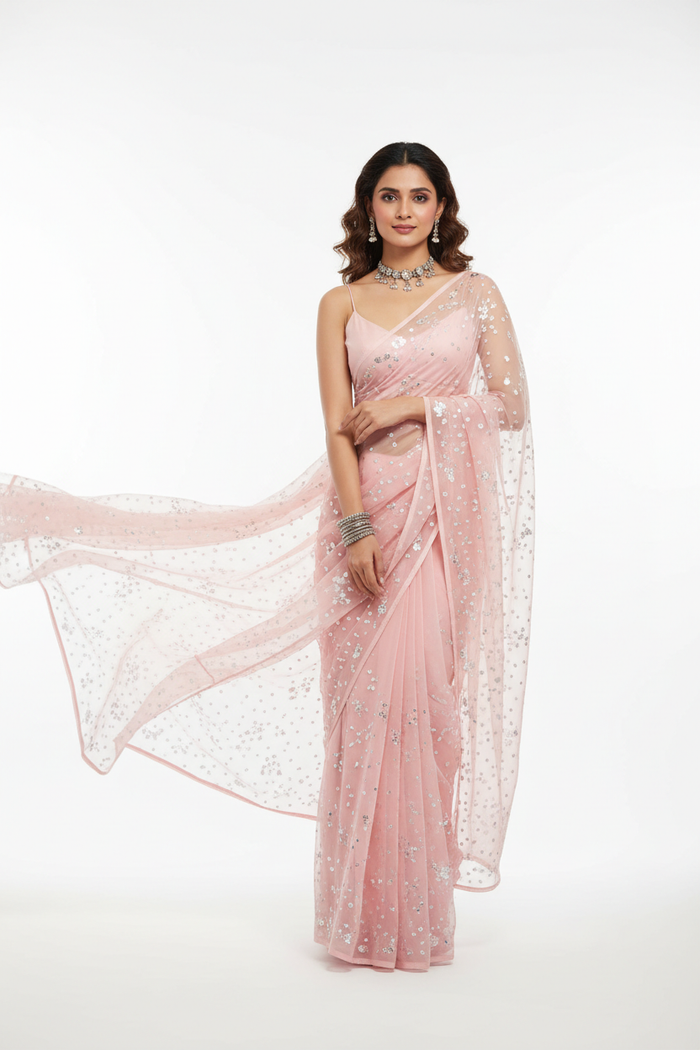 Blush Pink Sequin Organza Saree