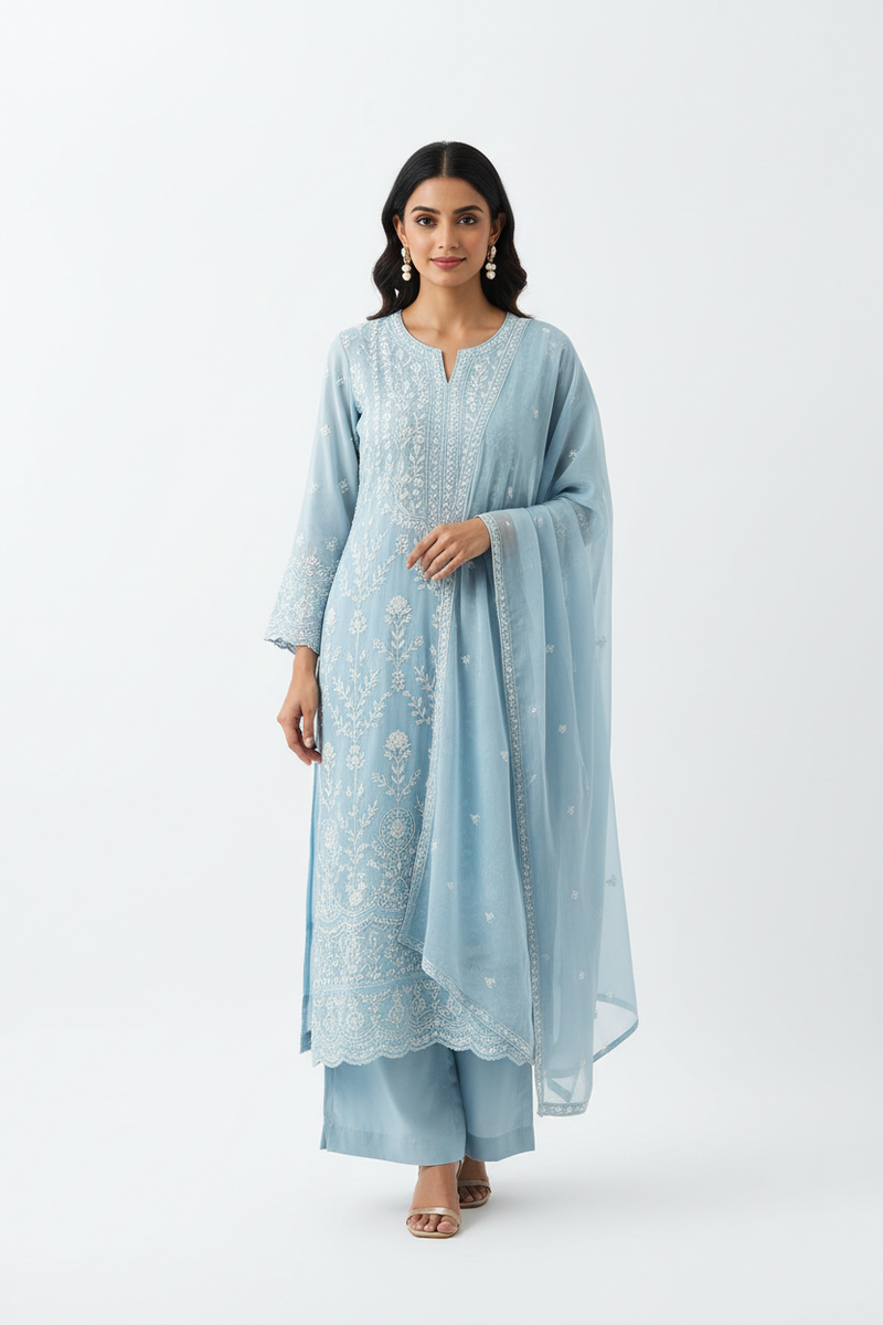 Summer Chikankari Georgette Kurta in sky blue with white thread embroidery
