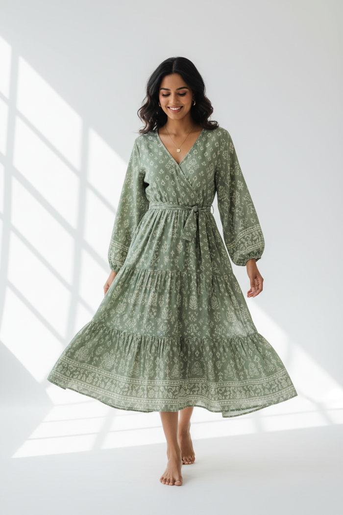 Sage Green Block Print Midi Dress