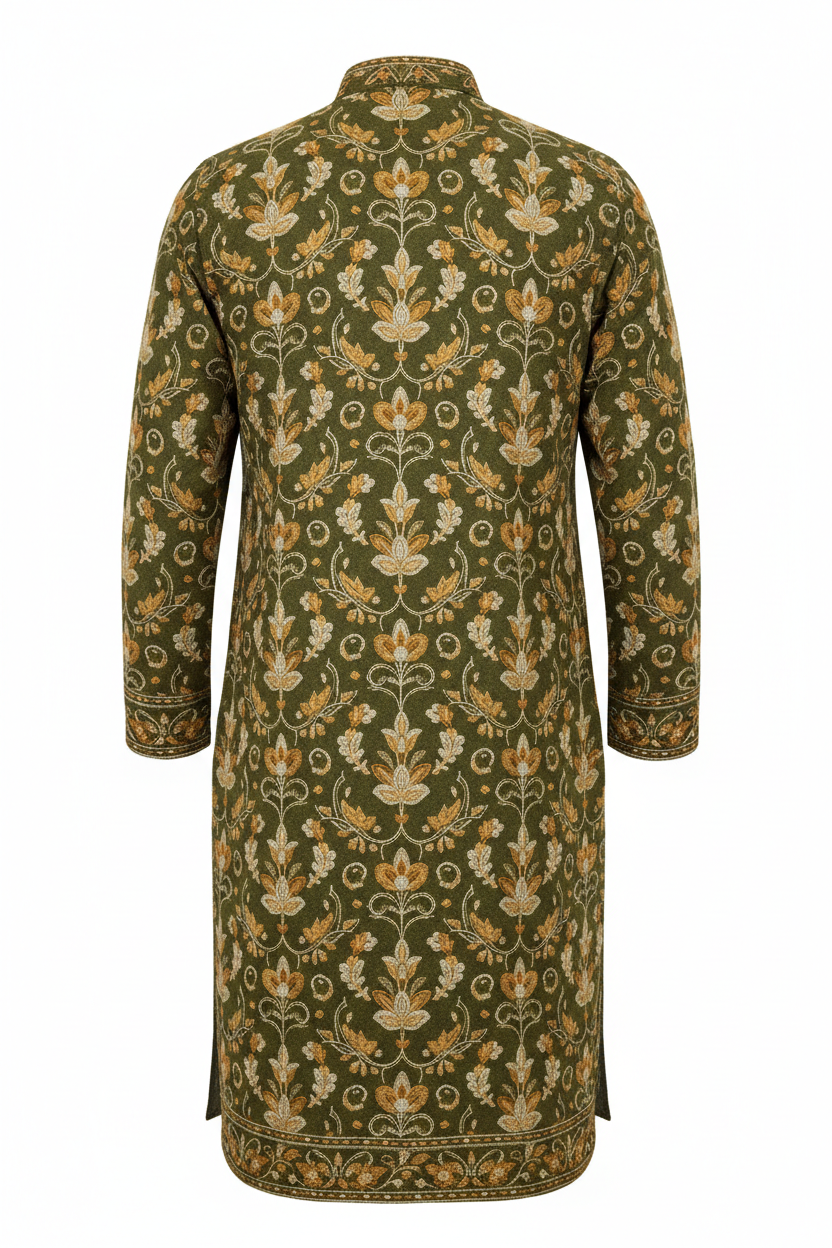 Olive Kashmiri Embroidered Woollen Kurta back view