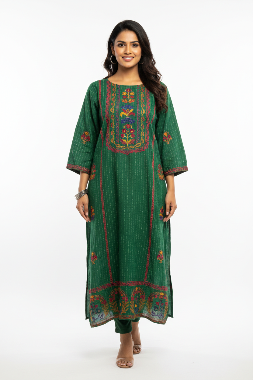 Kantha Stitch Forest Kurta in green with colorful hand embroidery