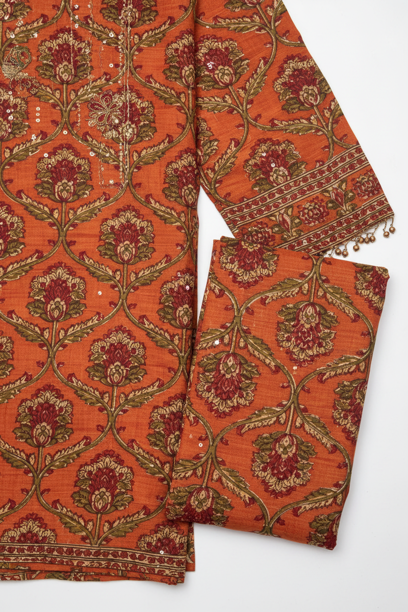 Rust Printed Kurta Co-Ord Set fabric print detail