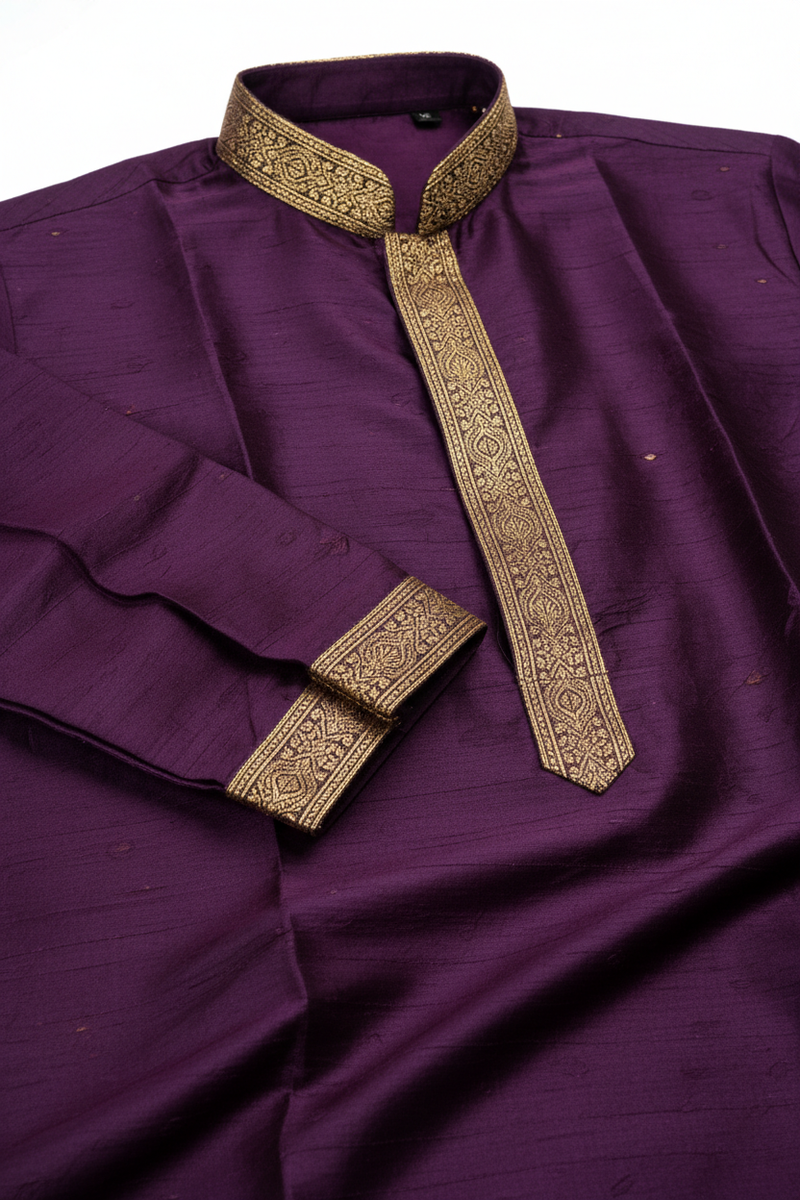 Purple Silk Gold Trim Kurta gold piping detail