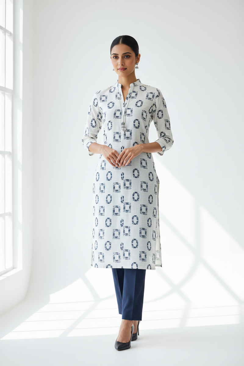 Navy Geometric Office Kurta Set in white and navy