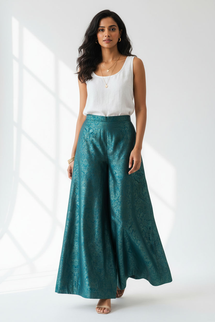 Teal Self-Weave Wide-Leg Palazzo front view
