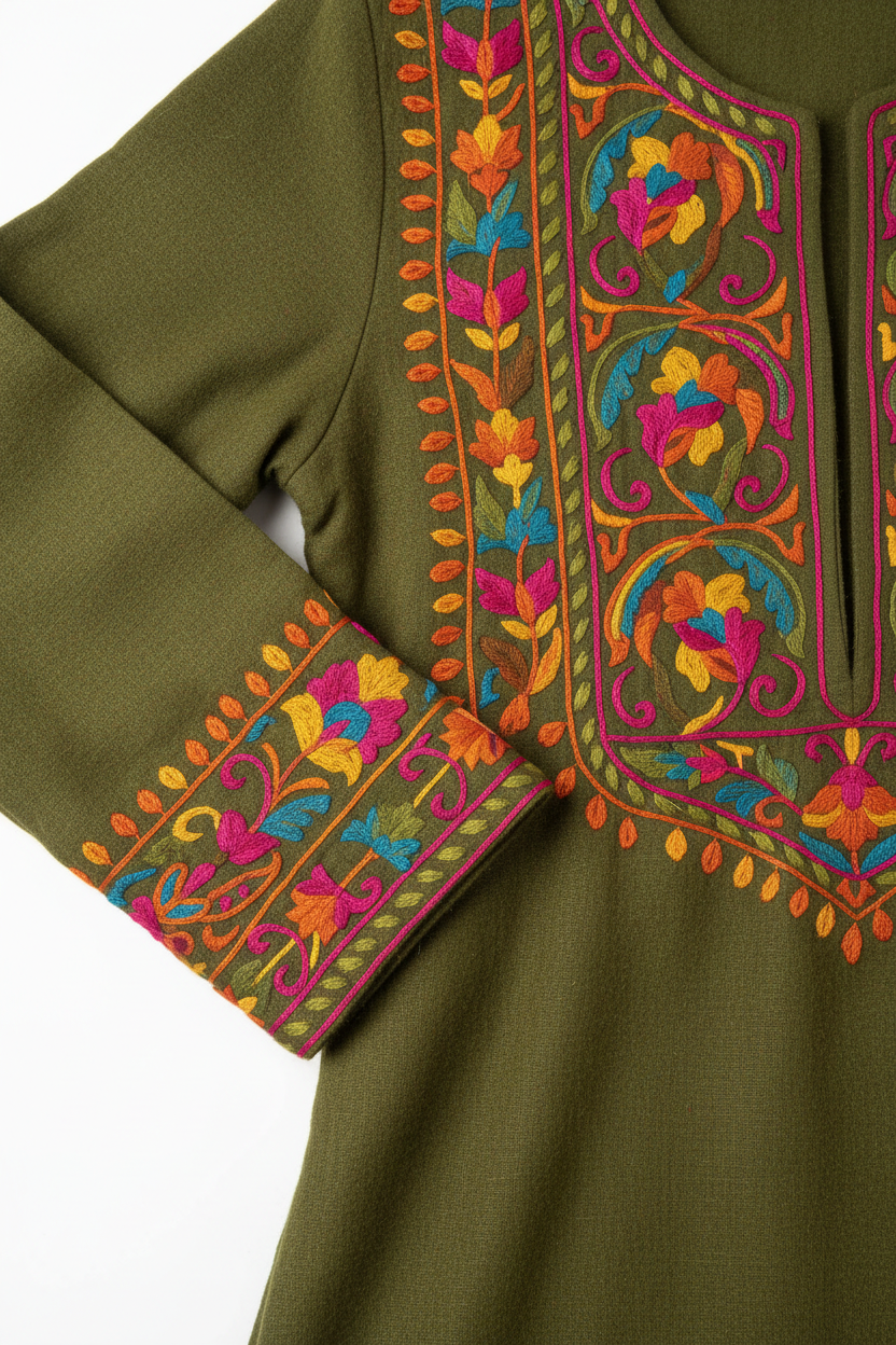 Olive Kashmiri Embroidered Woollen Kurta embroidery detail