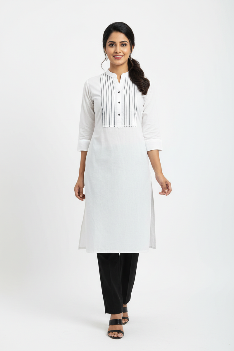 White Pin-Tuck Office Kurta front view