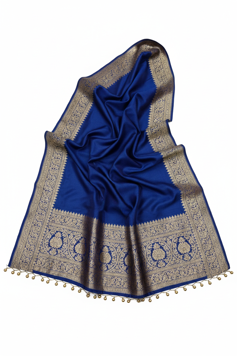 Royal Blue Silk Zari Border Dupatta flat lay