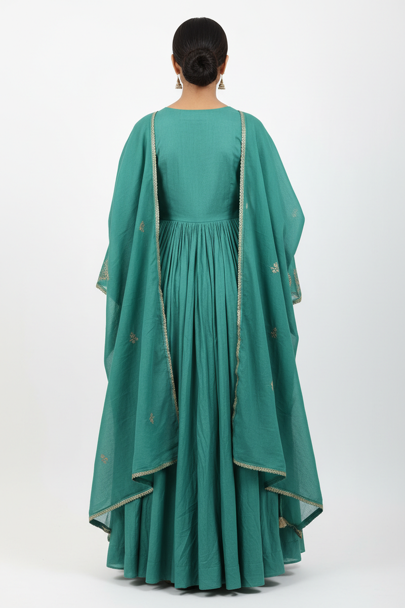 Teal Printed A-Line Dress with Dupatta back view
