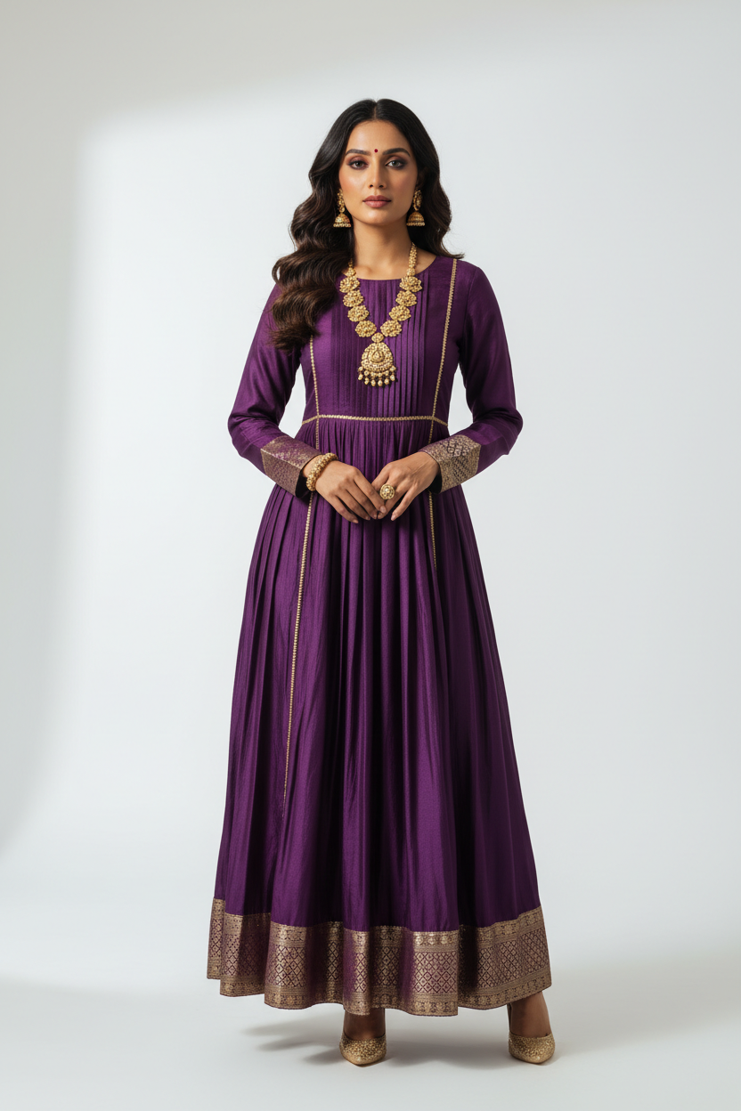 Purple Silk Gold Trim Kurta front view