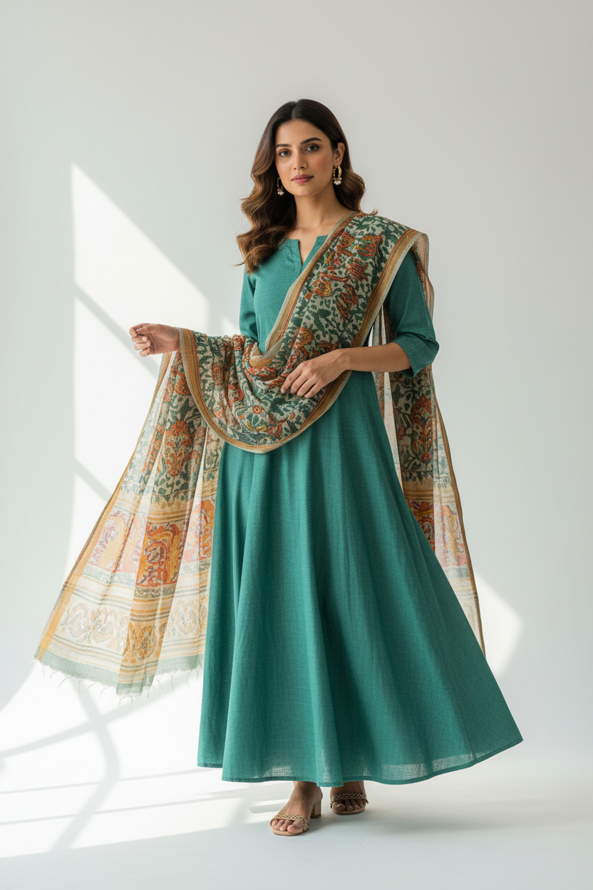 Teal Printed A-Line Dress with Dupatta front view