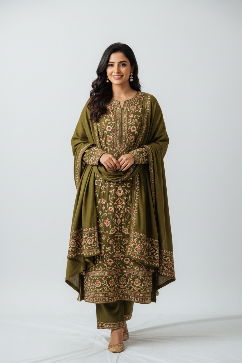 Olive Kashmiri Embroidered Woollen Kurta front view