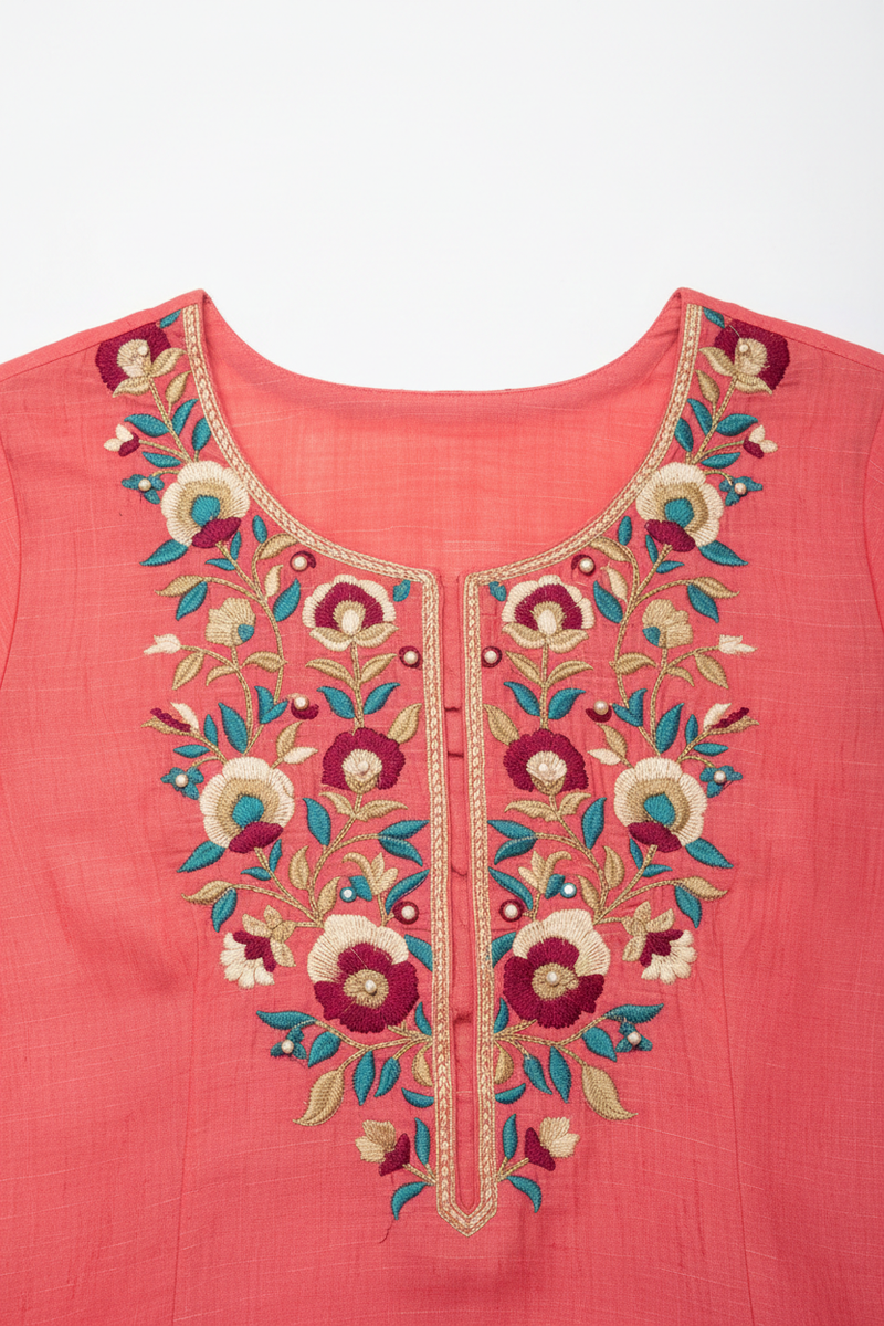 Coral Bloom A-Line Kurti neckline embroidery detail