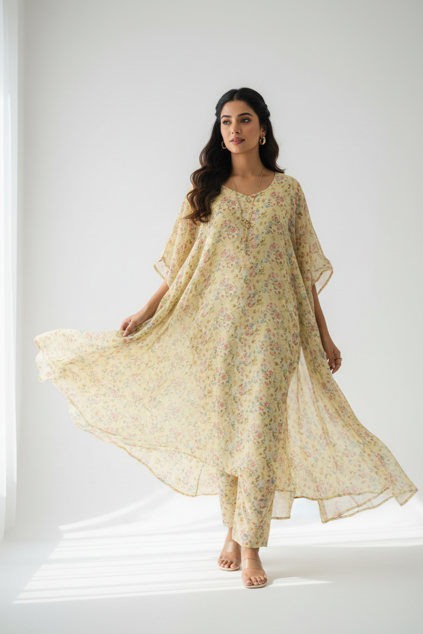 Summer Blossom Straight Kurta in pastel yellow floral print
