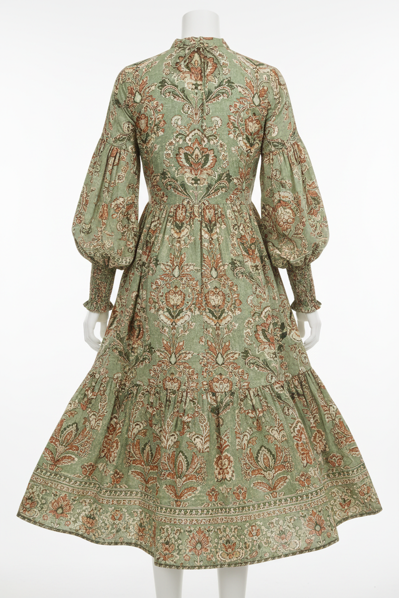 Sage Green Block Print Midi Dress back view