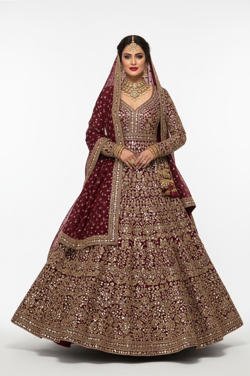 Festive Mirror Work Anarkali Gown in maroon and gold with mirror embroidery