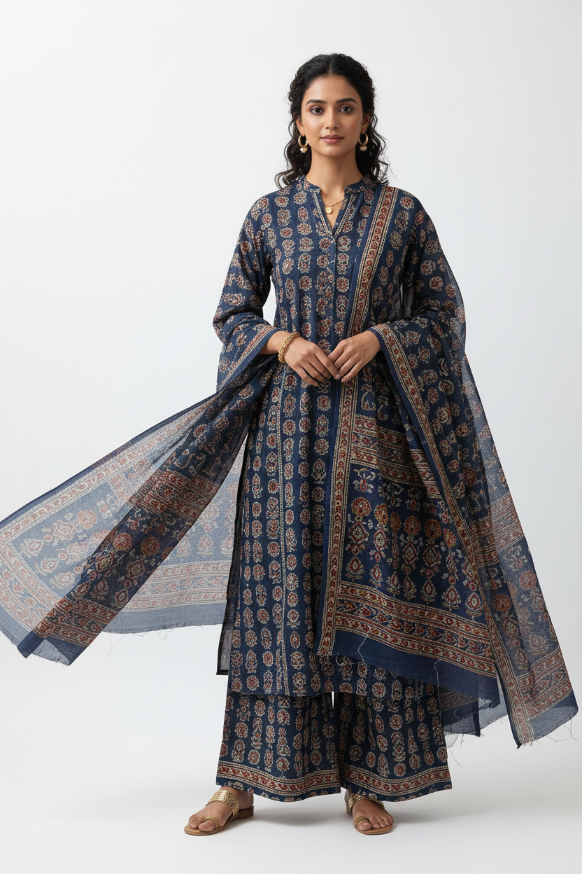 Bagru Indigo Block Print Kurta Set in deep indigo blue