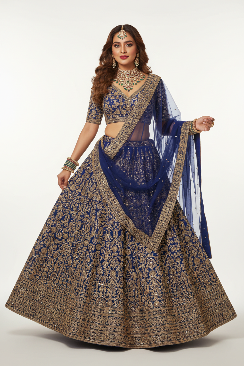 Festive Royal Blue Zari Lehenga Choli with gold embroidery