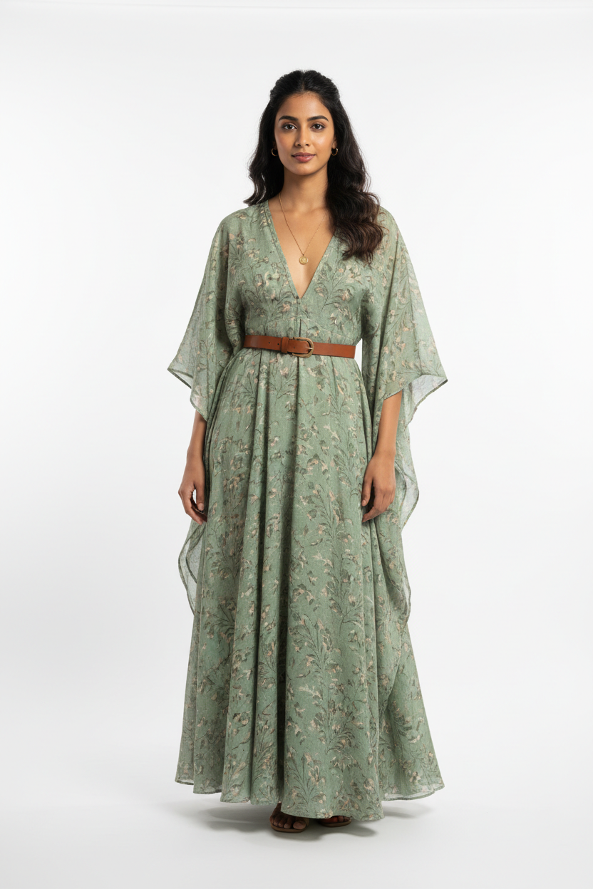 Rewild Sage Leaf Maxi Dress in flowing sage green with leaf print