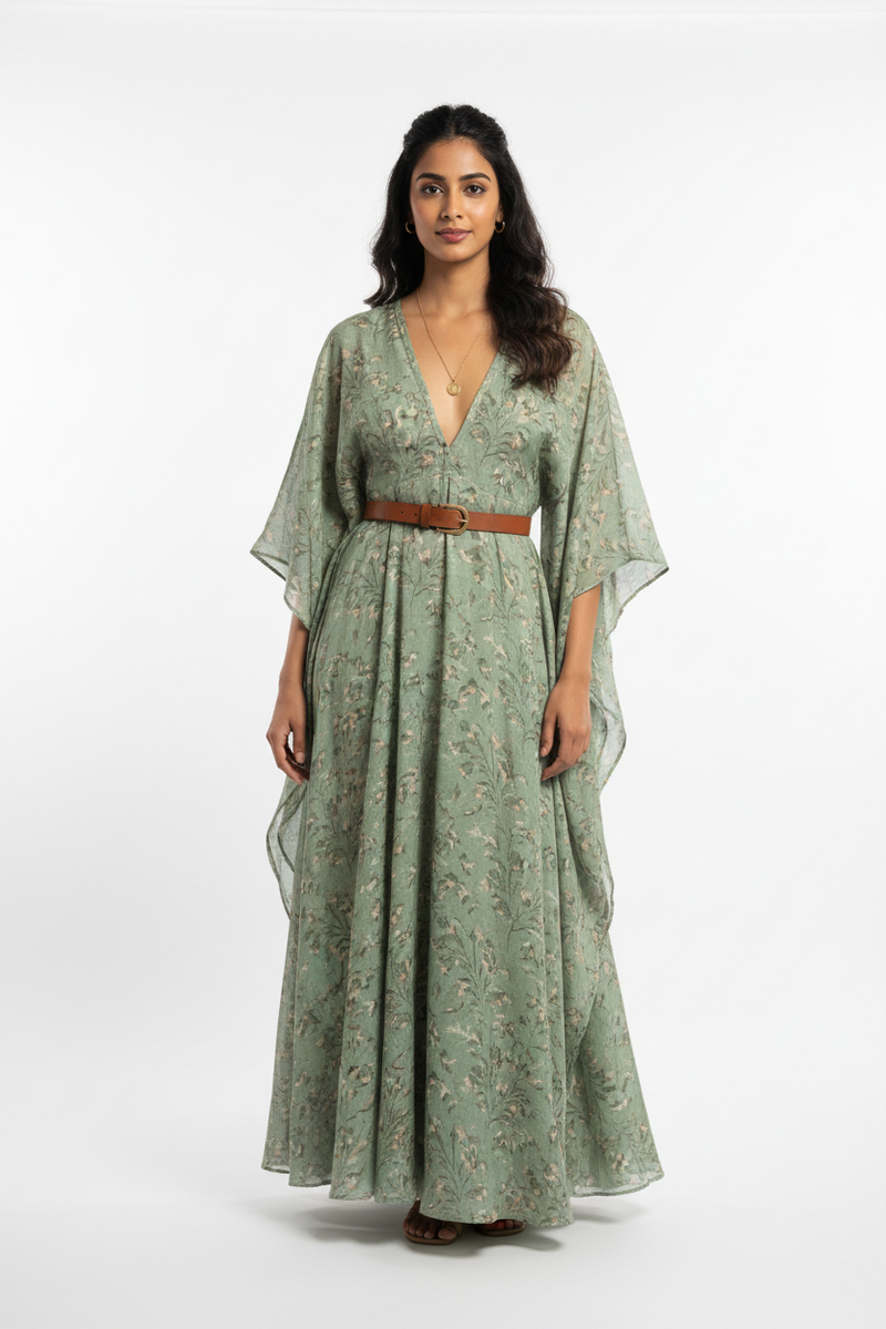 Rewild Sage Leaf Maxi Dress in flowing sage green with leaf print