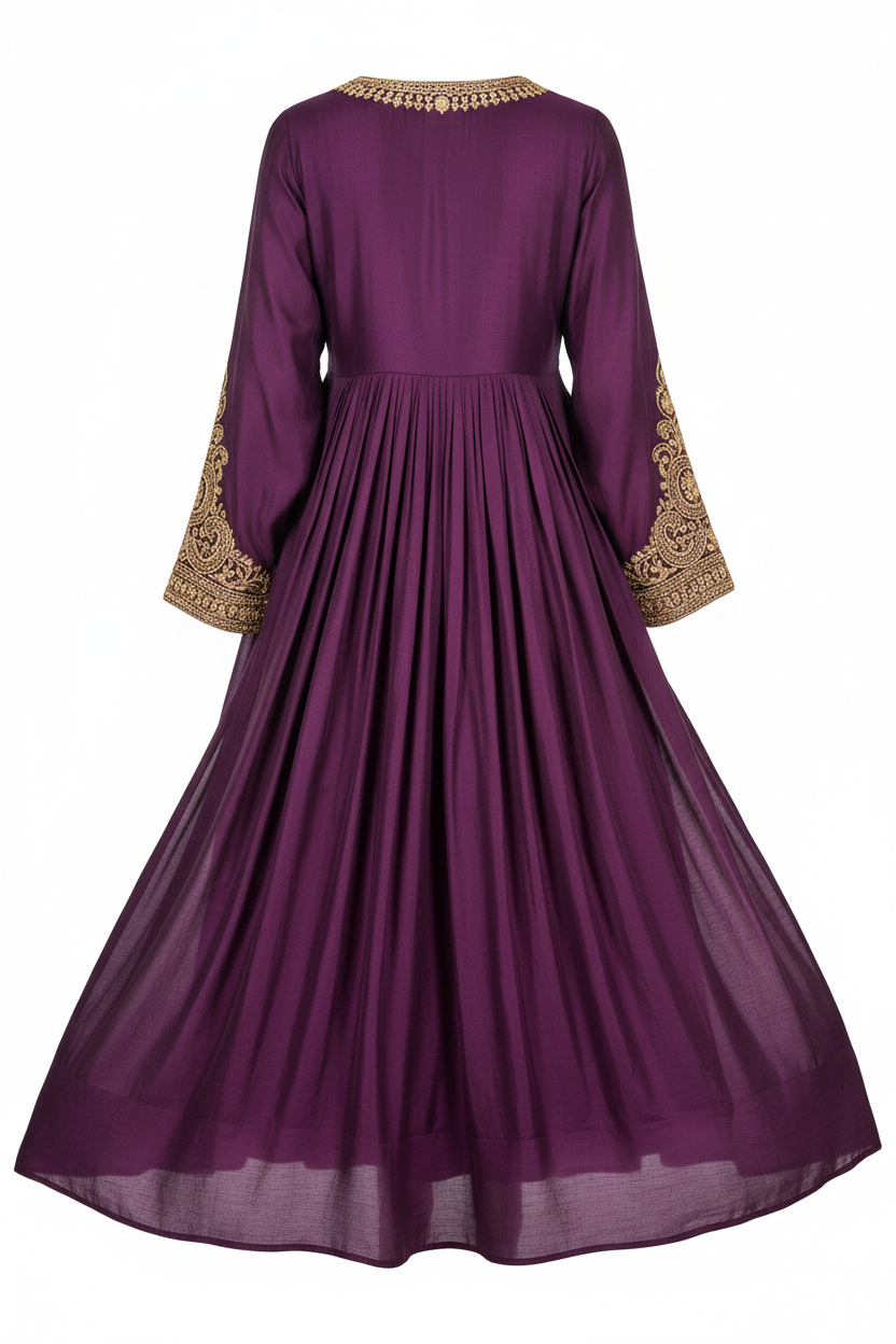 Purple Silk Gold Trim Kurta back view