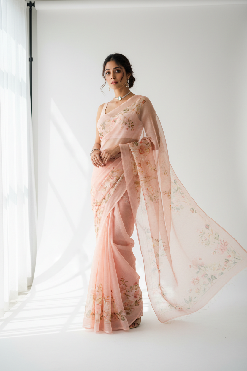 Peach Hand-Painted Organza Saree with delicate floral motifs