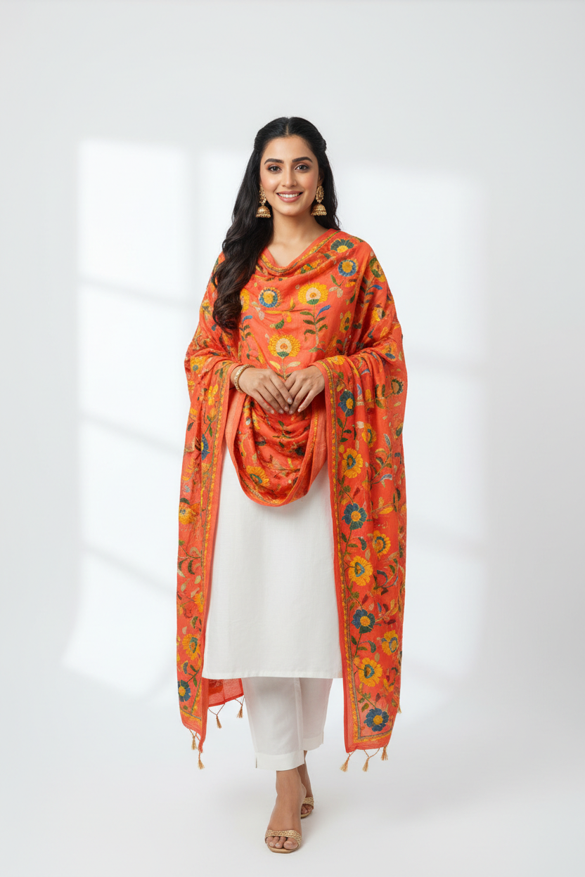 Phulkari Coral Suit Set with vibrant orange embroidered dupatta