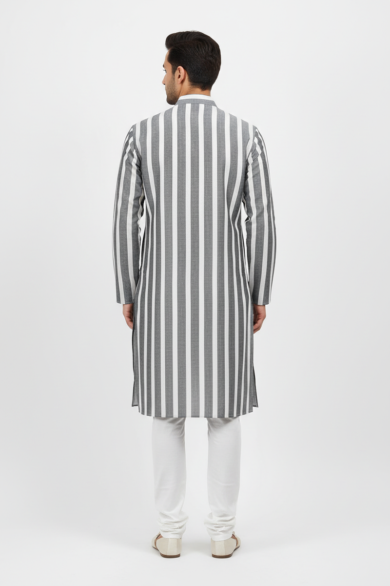 Grey Stripe Mandarin Collar Kurta Set back view