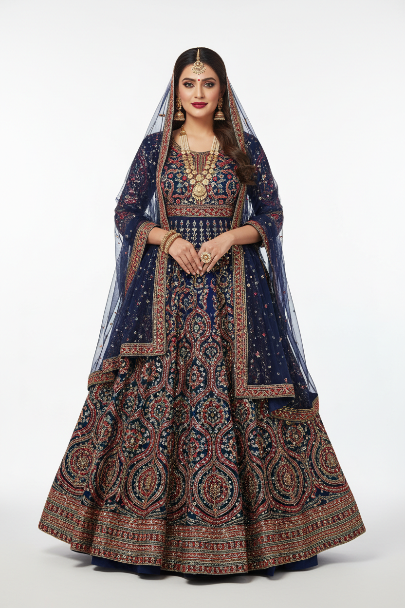 Navy Resham Sequin Anarkali Suit with heavy embroidery