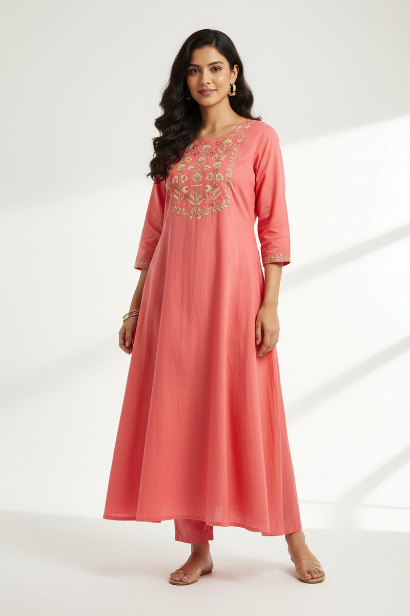 Coral Bloom A-Line Kurti front view
