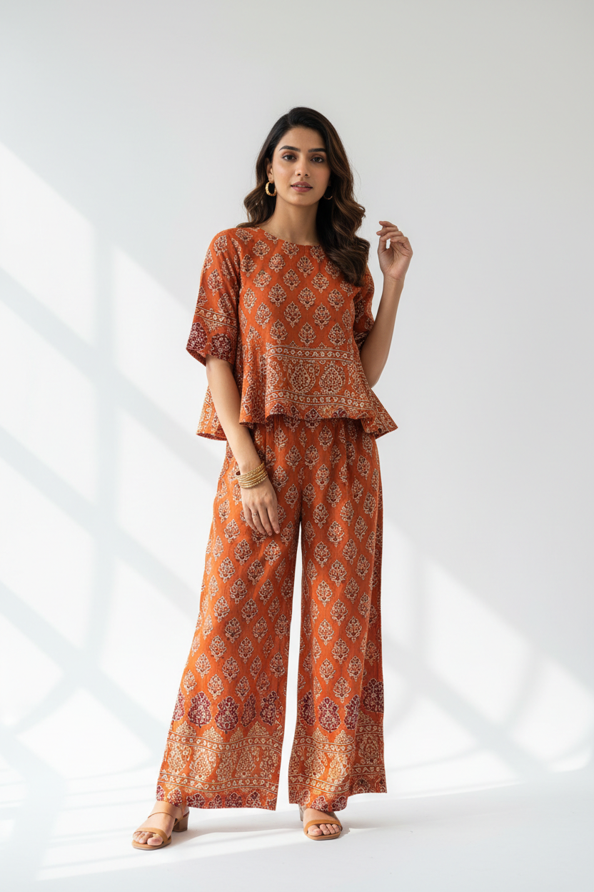 Rust Printed Kurta Co-Ord Set front view