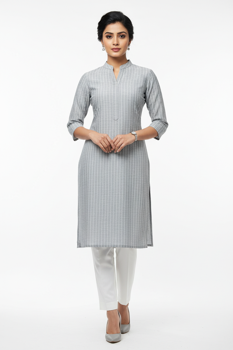 Grey Stripe Mandarin Collar Kurta Set for office wear