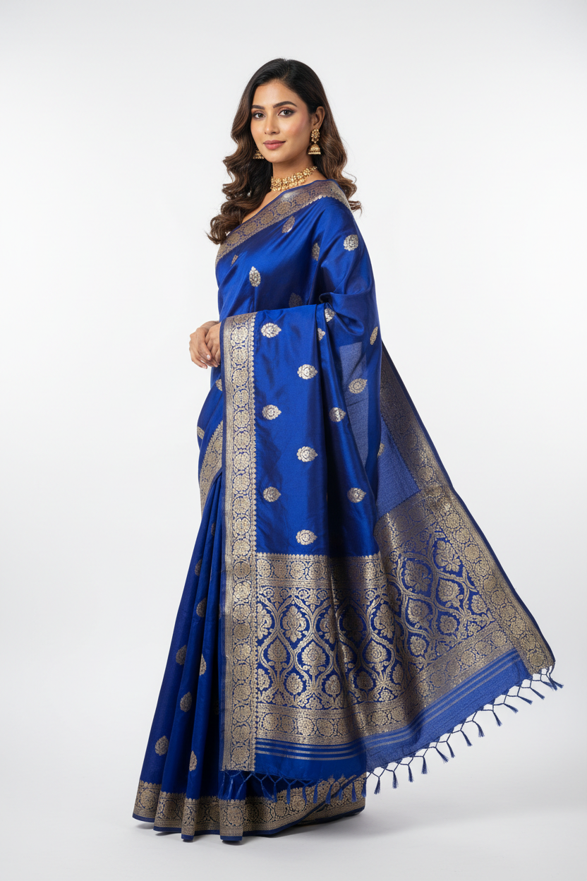 Royal Blue Silk Zari Border Dupatta draped view