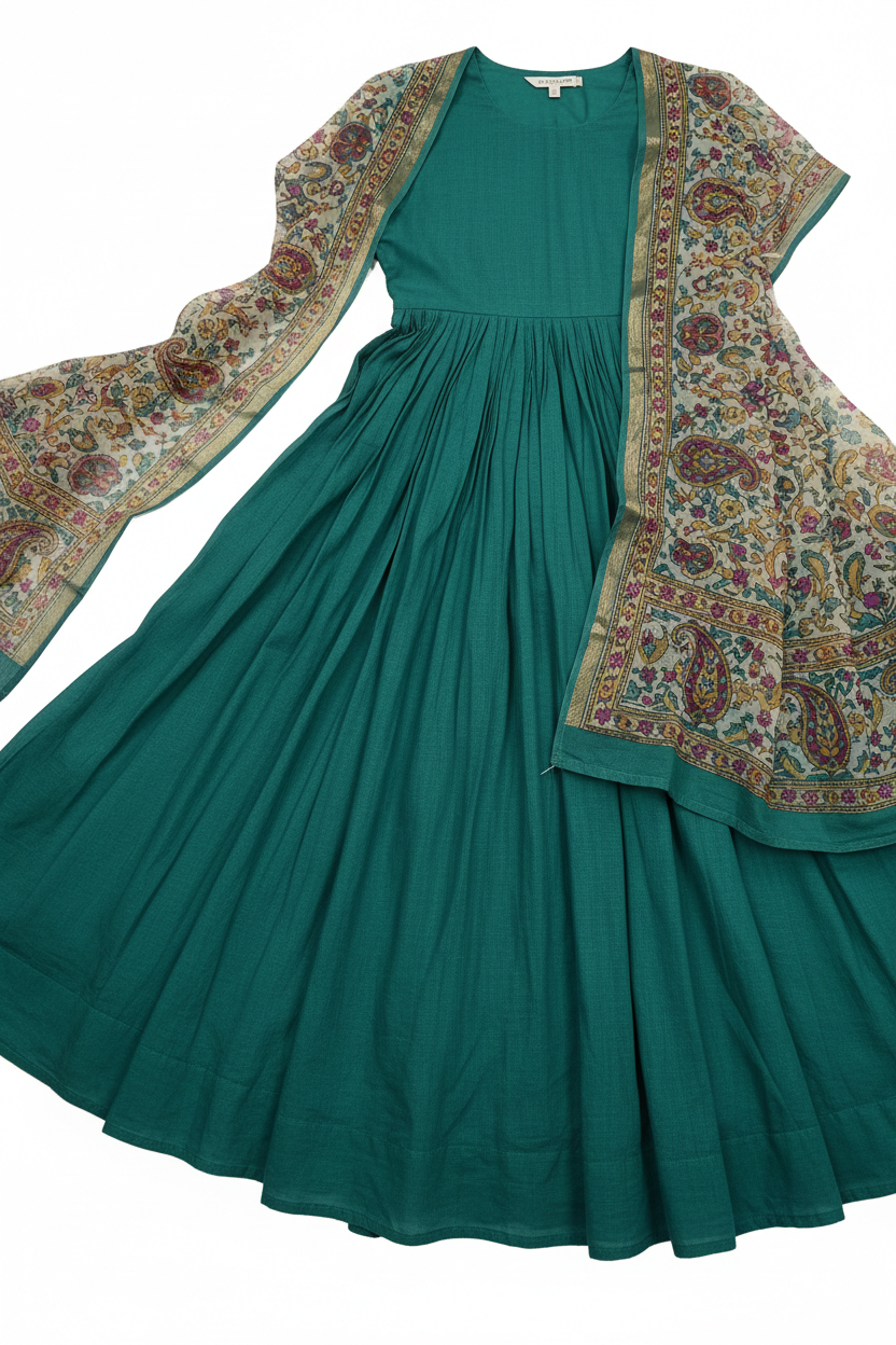 Teal Printed A-Line Dress dupatta detail