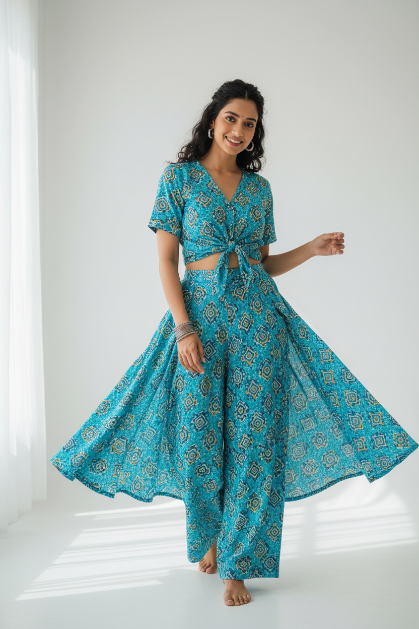 Summer Geometry Co-ord Set in turquoise block print