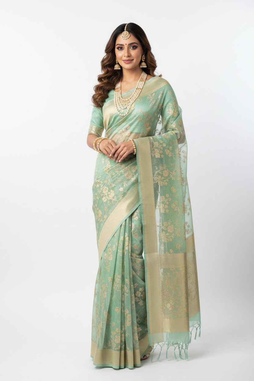 Mint Gold Tissue Silk Zari Saree with sheer drape and gold weave