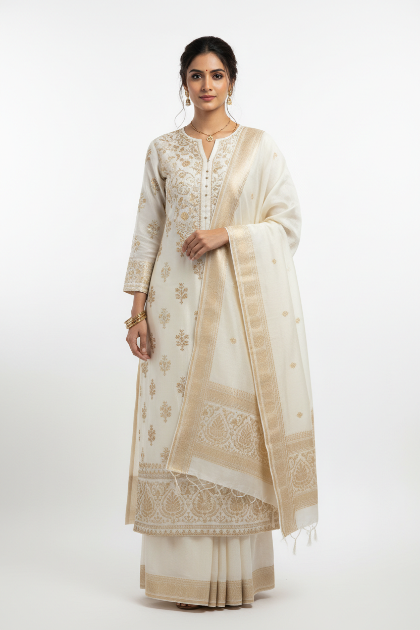 Chanderi Zari Straight Kurta in ivory white with gold zari border