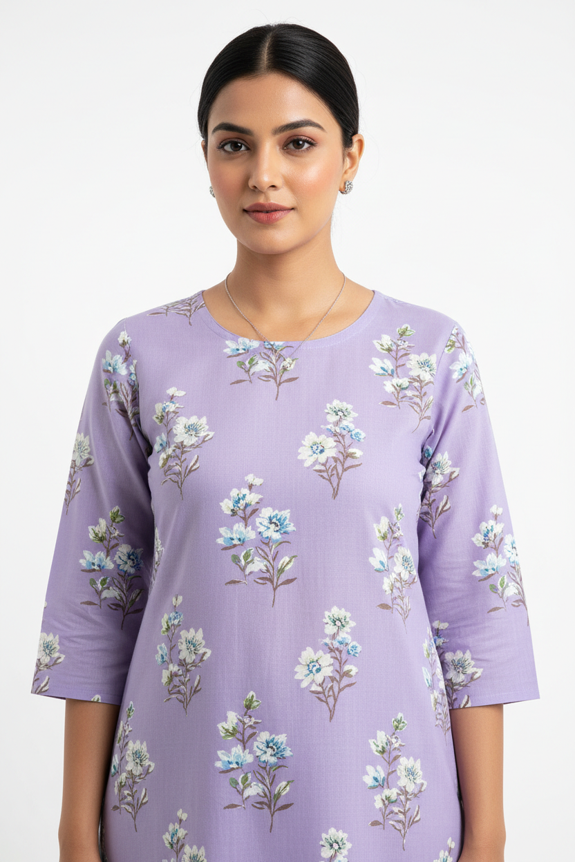 Lavender Floral Print Straight Kurta front view