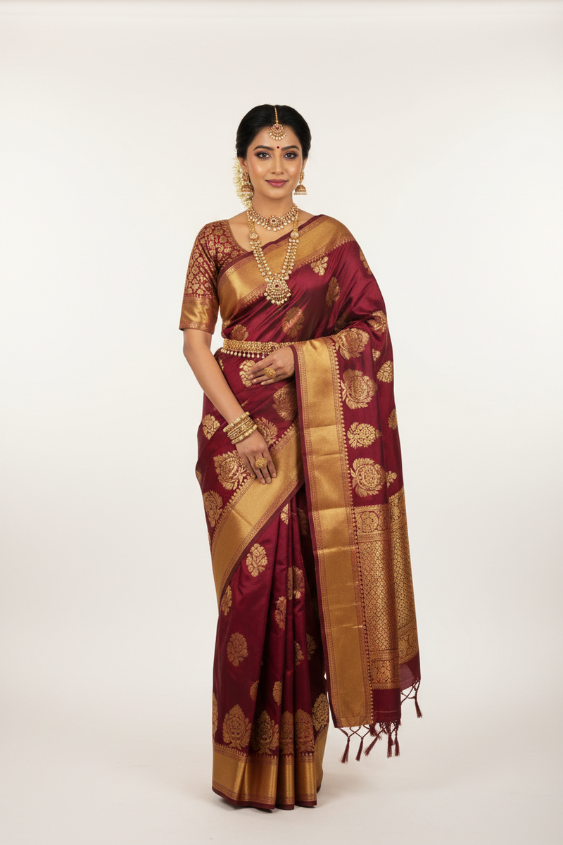 Burgundy Banarasi Brocade Silk Saree with gold border